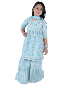 Pink Blue India - Blue Floral Kurta Sharara With Dupatta