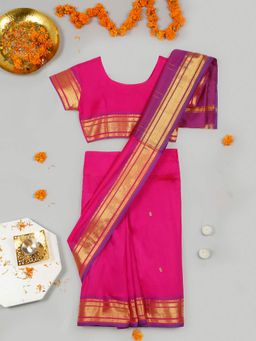 LITTLE GINNIE - Baby Girls Pink Saree With Purple Golden Border Saree