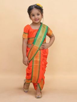 LITTLE GINNIE - Kids Deep Orange Nauvari Saree With Green Zari Border