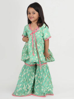 Tiny Pants - Girls Zari Glow Green Peplum Kurta Sharara