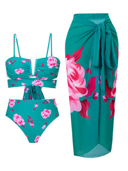 Addery - Women Teal Floral Top Panty & Cover-Up (Set of 3)