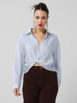 SHOWOFFFF - Womens Blue Embellished Shirt Style Crop Top