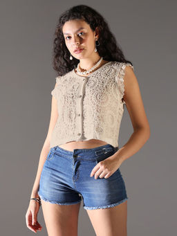 SHOWOFFFF - Womens Beige Self Design Crochet Crop Top