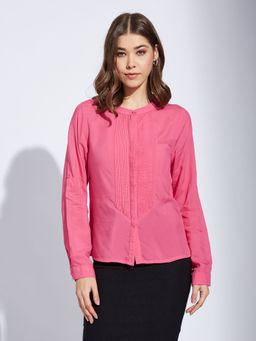 Latin Quarters - Women Pink Solid Full Sleeves Mandarin Collar Shirt