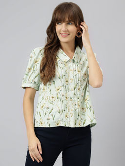 Latin Quarters - Women Green Floral Printed Half Sleeves Casual Shirt