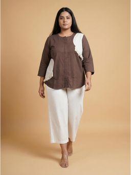 Curvy Lane - Women'S Grey Cotton Patch Work Casual Top