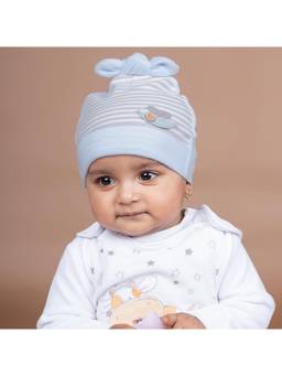 Baby Moo - Striped All Season Stretchable Hosiery Warm 3D Beanie Cap - Blue, Grey
