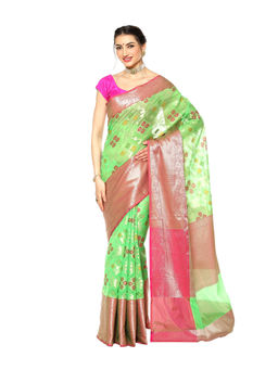 Banarasi Silk Works - Green Patola Pattu Border Art Saree with Unstitched Blouse