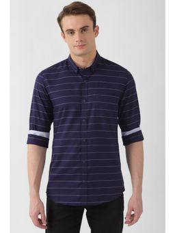 Peter England - Men Navy Slim Fit Stripe Full Sleeves Casual Shirt