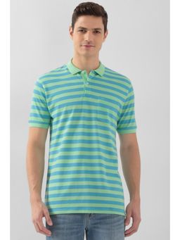 Peter England - Men Green Stripe Collar Neck Polo T-Shirt