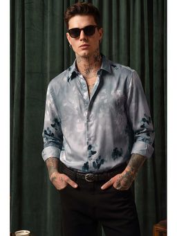 Snitch - Men Light Blue Floral Printed Full Sleeves Slim Party Shirt