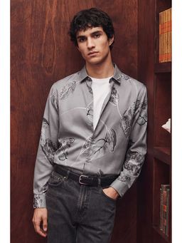 Snitch - Men Grey Leaf Printed Full Sleeves Party Shirt