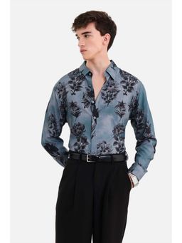 Snitch - Men Teal Floral Printed Full Sleeves Regular Fit Casual Shirt