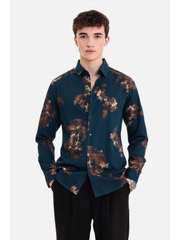 Snitch - Men Teal Printed Full Sleeves Slim Fit Casual Shirt