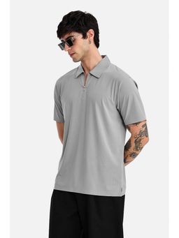 Snitch - Men Grey Textured Half Sleeves Slim Fit Casual Polo T-shirt