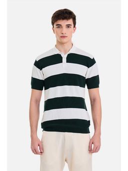 Snitch - Men Dark Green Stripes Half Sleeves Regular Fit Polo T-shirt