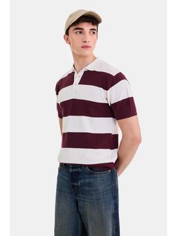 Snitch - Men Wine Stripes Half Sleeves Regular Fit Polo T-shirt