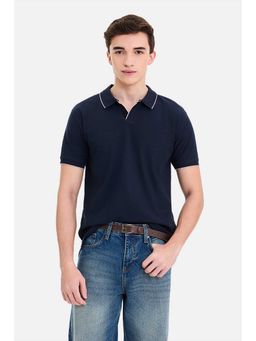 Snitch - Men Navy Blue Textured Half Sleeves Regular Fit Polo T-shirt