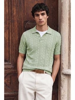 Snitch - Men Mint Green Textured Half Sleeves Regular Fit Polo T-shirt