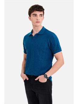 Snitch - Men Azure Blue Textured Half Sleeves Regular Fit Polo T-shirt