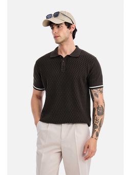 Snitch - Men Dark Brown Textured Half Sleeves Regular Fit Polo T-shirt