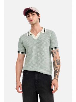 Snitch - Men Sage Green Textured Half Sleeves Regular Fit Polo T-shirt
