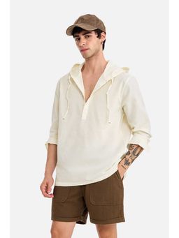 Snitch - Men Cream Solid Full Sleeves Hooded Shirt