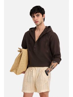 Snitch - Men Earthy Brown Solid Full Sleeves Hooded Shirt