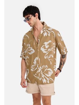 Snitch - Men Khaki Floral Half Sleeves Boxy Fit Shirt