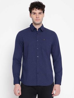 Guess - Men Navy Blue Printed Spread Collar Full Sleeves Shirt