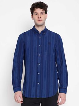 Guess - Men Blue Stripes Collar Full Sleeves Shirt