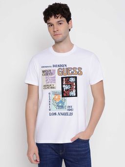 Guess - Men White Round Neck Half Sleeves Graphic Printed T-shirt
