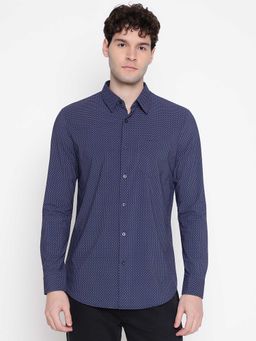 Guess - Men Navy Blue Geometric Printed Spread Collar Full Sleeves Shirt