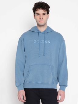 Guess - Men Blue Embroidered Full Sleeves Hoodie