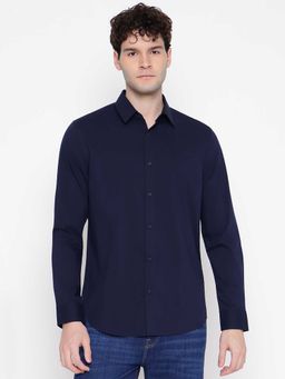 Guess - Men Navy Blue Solid Spread Collar Full Sleeves Shirt