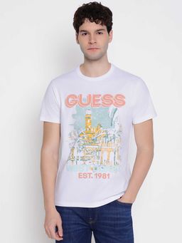 Guess - Men White Graphic Printed Round Neck Half Sleeves T-shirt