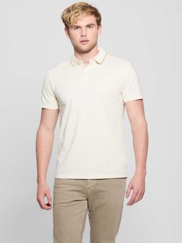 Guess - Men Cream Solid Collared Half Sleeves Polo T-shirt