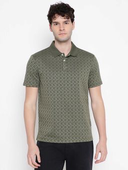 Guess - Men Olive Geometric Printed Half Sleeves Polo T-shirt