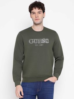 Guess - Men Olive Embroidered Text Full Sleeves Sweatshirt