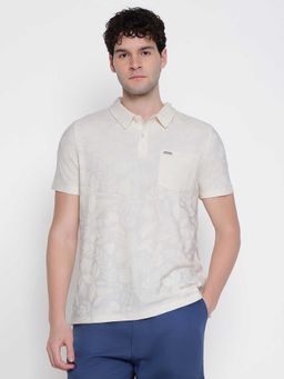 Guess - Men Off White Self Design Half Sleeves Polo T-shirt