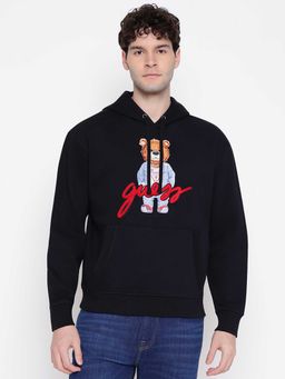 Guess - Men Black Graphic Printed Full Sleeves Hoodie
