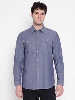 Guess - Men Blue Solid Spread Collar Full Sleeves Shirt