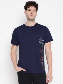 Guess - Men Navy Blue Tropical Printed Round Neck Half Sleeves T-shirt