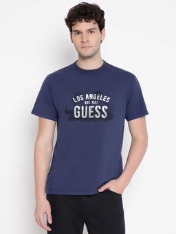 Guess - Men Navy Blue Typography Printed Round Neck Half Sleeves T-shirt