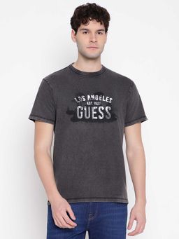 Guess - Men Charcoal Typography Printed Round Neck Half Sleeves T-shirt