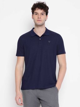 Guess - Men Navy Blue Textured Half Sleeves Polo T-shirt