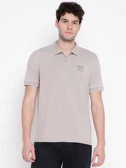 Guess - Men Beige Solid Collared Half Sleeves Polo T-shirt