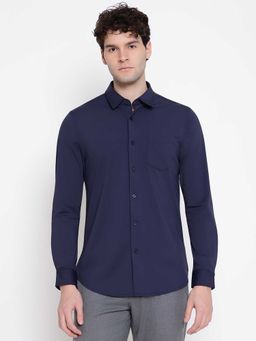 Guess - Men Navy Blue Solid Spread Collar Full Sleeves Shirt