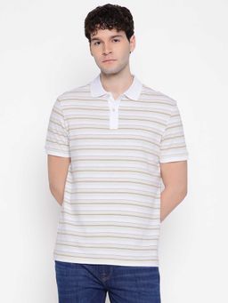 Guess - Men Off White Striped Collared Half Sleeves Polo T-shirt