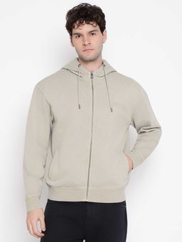 Guess - Men Beige Embossed Text Logo Zipper Hoodie